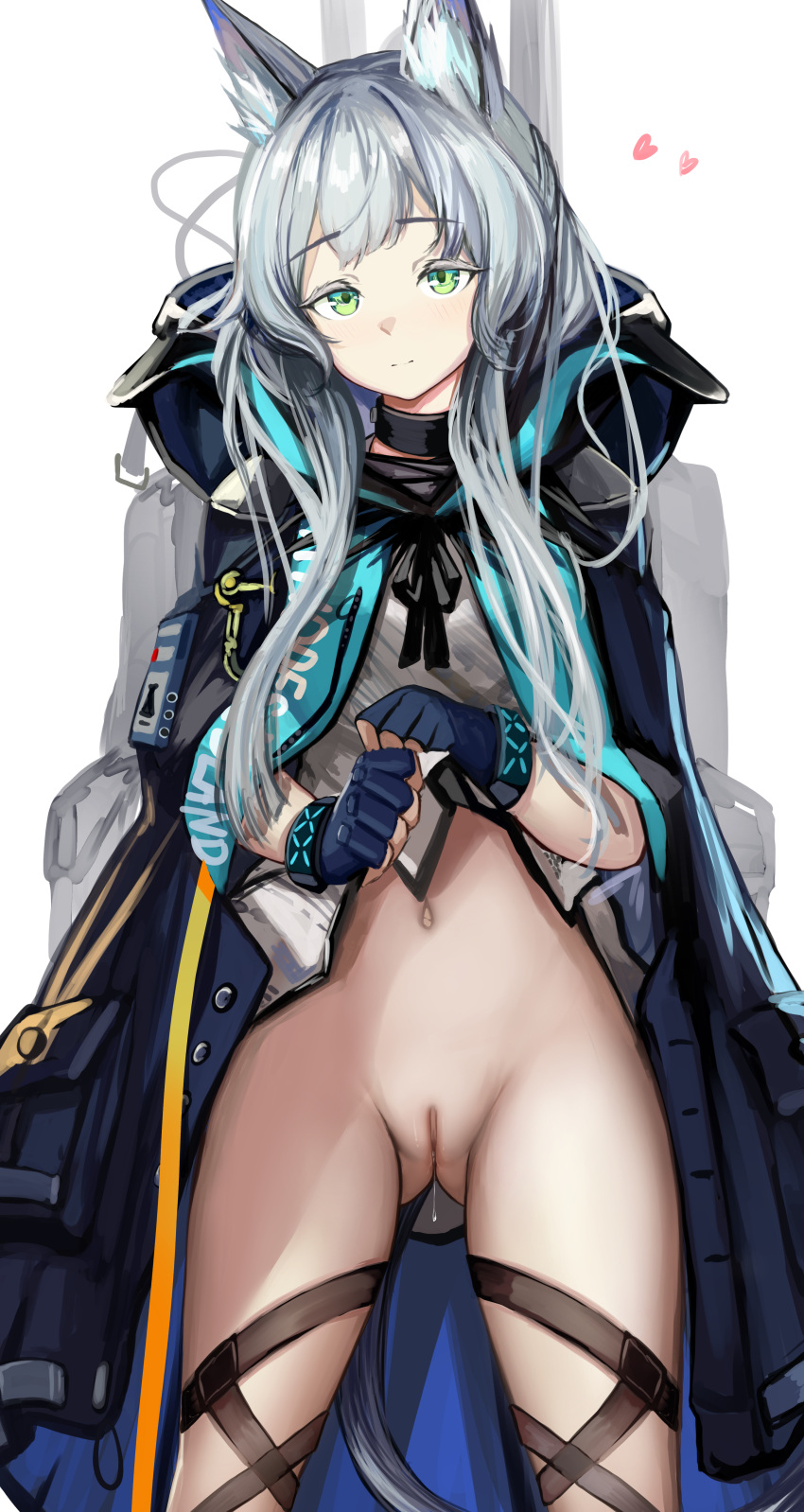 1girl absurdres animal_ear_fluff animal_ears arknights ass_visible_through_thighs black_jacket blue_gloves cat_ears cat_girl cat_tail closed_mouth clothes_lift colored_eyelashes dress dress_lift fingerless_gloves gloves green_eyes grey_hair groin heart highres jacket looking_at_viewer navel no_pants nopetroto open_clothes open_jacket pussy pussy_juice rosmontis_(arknights) simple_background solo standing tail uncensored white_background white_dress