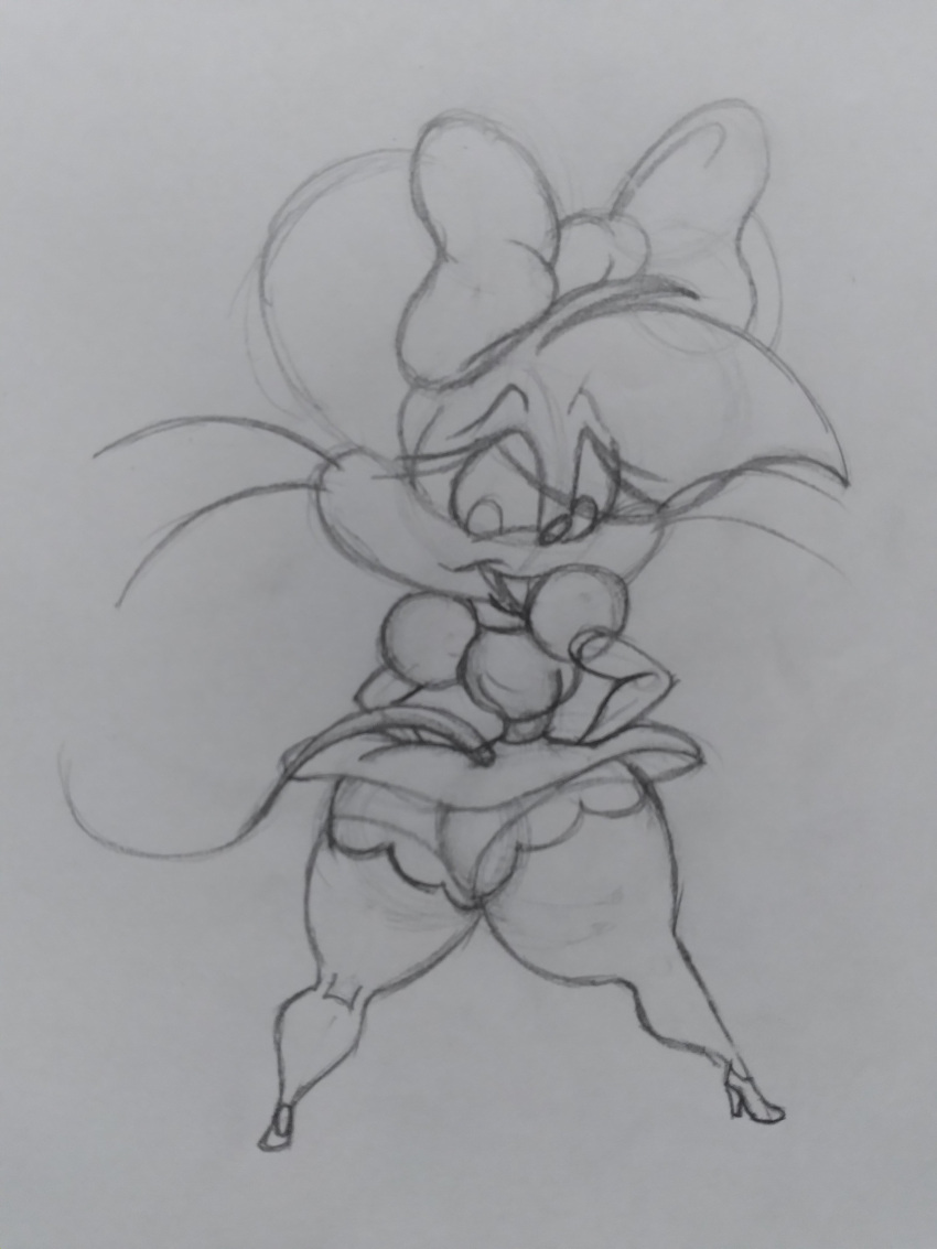 2023 3:4 absurd_res accessory anthro arcadethehedgehog big_ears biped bloomers bottomwear bow_ribbon buckteeth butt clothed clothed_anthro clothed_female clothing cosplay curvy_figure disney dress eye_through_hair eyebrow_through_hair eyebrows eyelashes eyelashes_through_hair female full-length_portrait graphite_(artwork) guide_lines hair hair_accessory hair_bow hair_ribbon hi_res hourglass_figure looking_at_own_butt looking_back looking_down looking_down_at_self mammal mia_mouse minnie_mouse monochrome mouse mouse_ears mouse_tail murid murine pattern_clothing pattern_underwear pencil_(artwork) portrait rear_view ribbons rodent round_ears round_tail simple_background solo standing striped_clothing striped_underwear stripes tail teeth thick_thighs traditional_media_(artwork) translucent translucent_hair underwear upskirt voluptuous whiskers