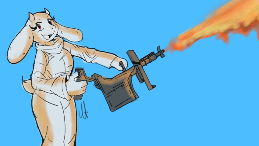 absurd_res anthro blue_background bovid caprine clothing female fire flamethrower floppy_ears fur goat hi_res horn mammal open_mouth open_smile ranged_weapon rockynia signature simple_background smile solo toriel undertale_(series) weapon