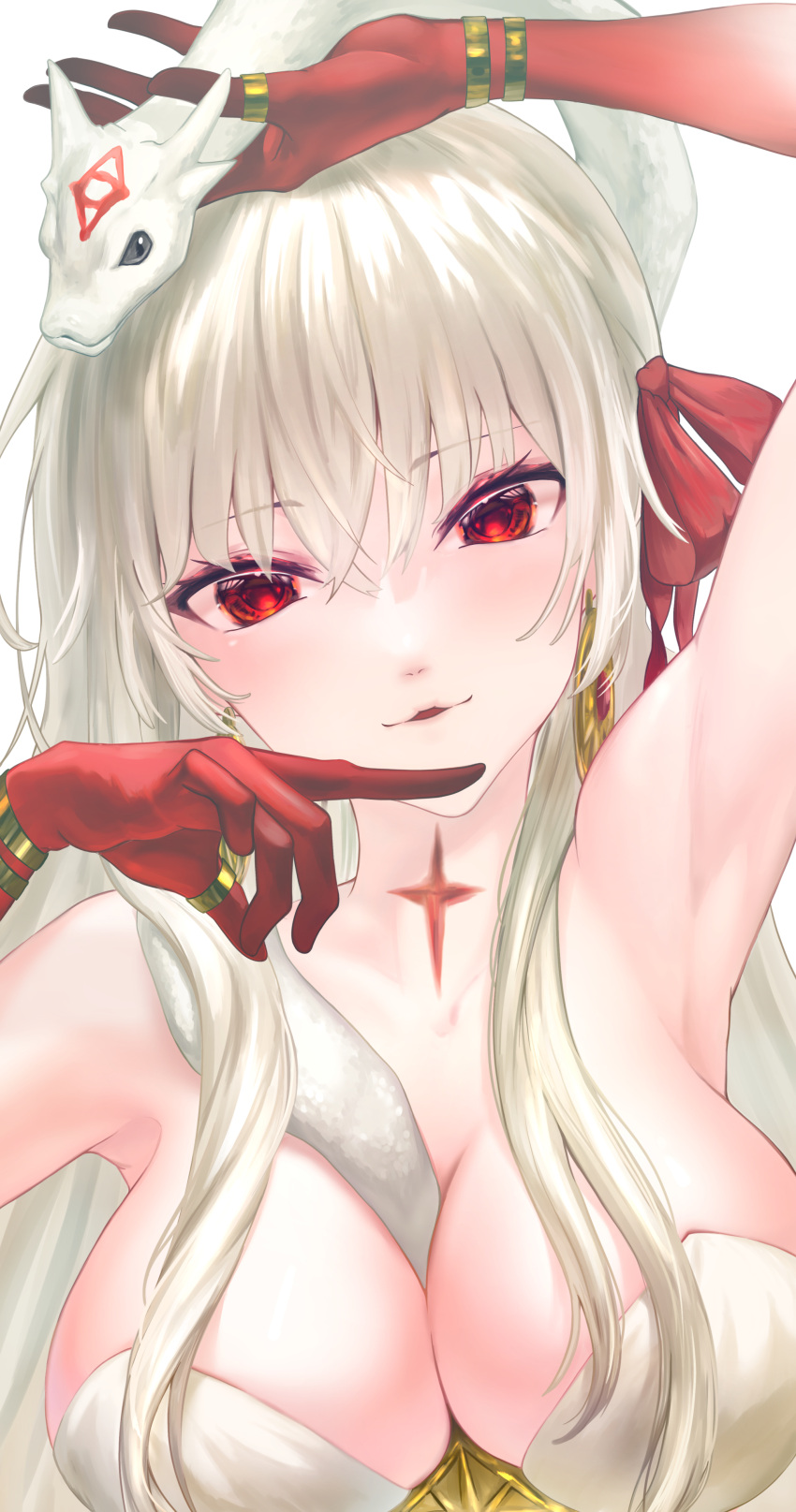 1girl absurdres arm_up armpits bare_shoulders blush body_markings bracelet breasts cleavage collarbone colored_skin dress durga_(fate) earrings fate/grand_order fate_(series) gradient_skin grey_hair hair_ribbon highres jewelry large_breasts long_hair looking_at_viewer parted_lips red_eyes red_skin ribbon shebuluo_kafusha smile snake solo thumb_ring very_long_hair white_dress