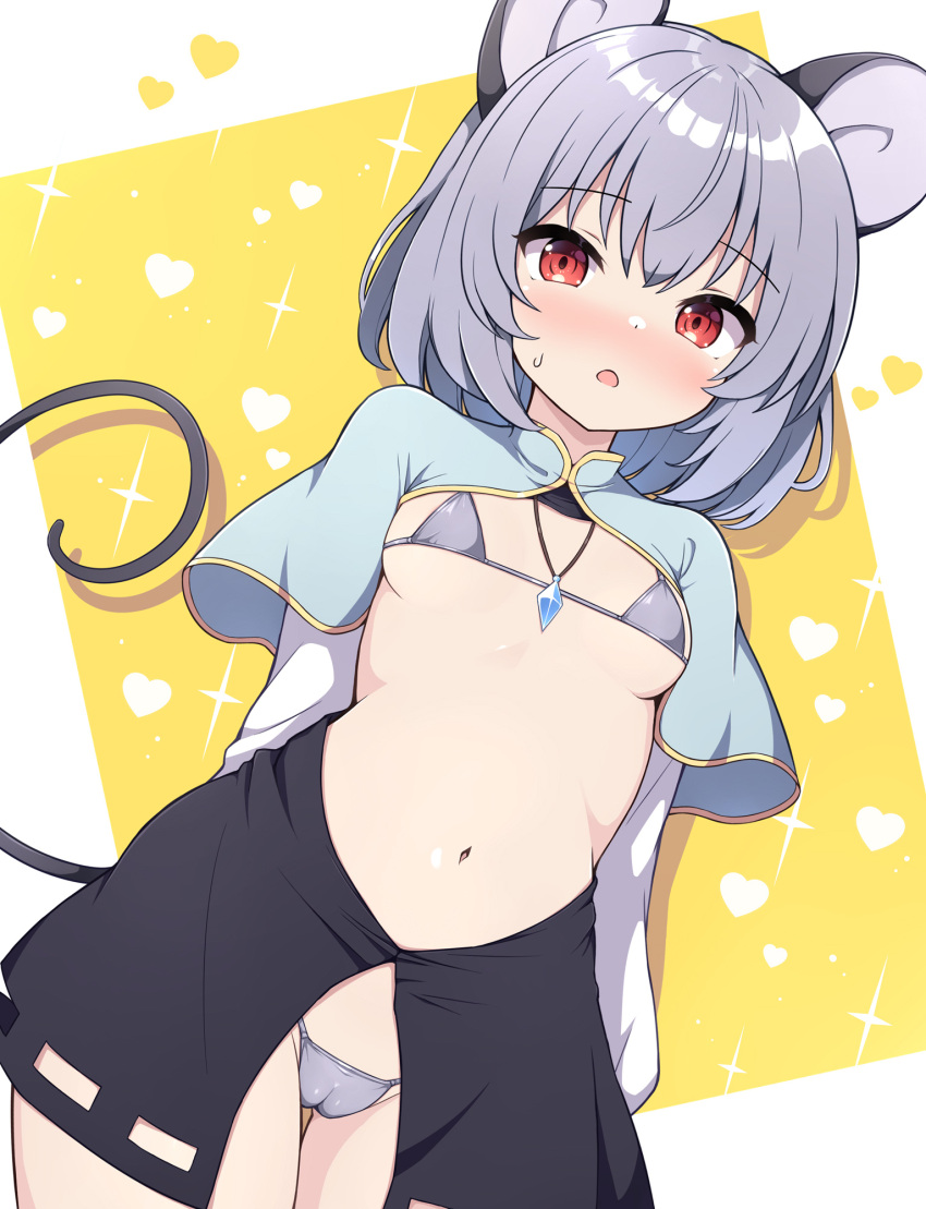 1girl adapted_costume animal_ears bikini black_skirt blue_capelet blush breasts cameltoe capelet cowboy_shot grey_bikini grey_hair heart highres jewelry looking_at_viewer mouse_ears mouse_tail navel nazrin open_mouth pendant red_eyes rizento short_hair skirt small_breasts solo swimsuit tail touhou