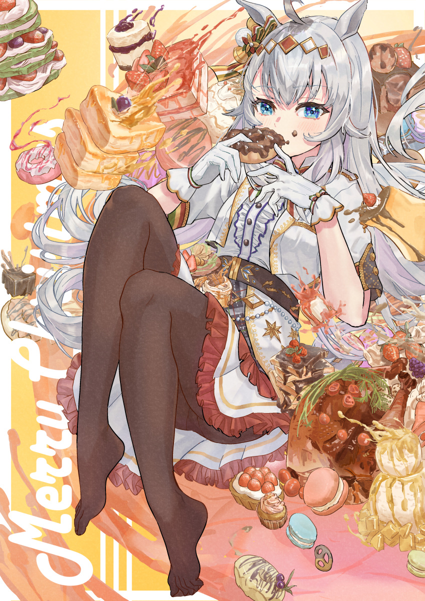 1girl absurdres ahoge animal_ears belly_chain black_pantyhose blue_eyes center_frills christmas commentary dessert doughnut dress duang_(user_tsag8258) ear_bell eating english_text feet food food_on_face frills gloves grey_hair hair_ornament highres holding holding_food horse_ears horse_girl horse_tail jacket jewelry knees_up legs long_hair looking_at_viewer macaron merry_christmas no_shoes official_alternate_costume oguri_cap_(miraculous_white_star)_(umamusume) oguri_cap_(umamusume) pantyhose short_dress short_sleeves sitting solo tail toes turkey_(food) umamusume white_dress white_gloves white_jacket