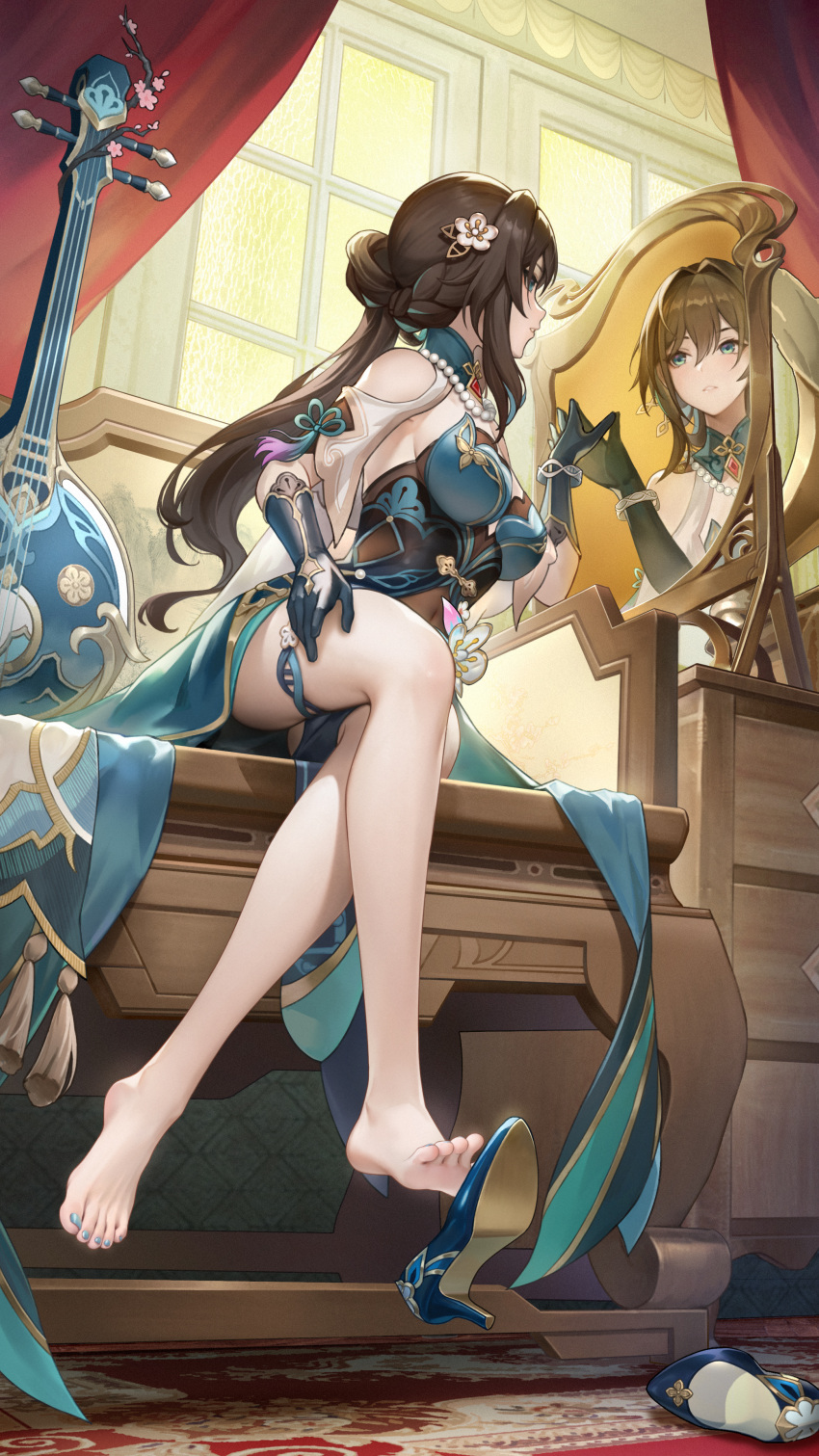 1girl absurdres aqua_eyes bare_legs bare_shoulders barefoot bead_necklace beads black_hair blue_footwear blue_gloves breasts clothing_cutout commentary_request dorsiflexion extreme_dangling feet foot_focus gloves high_heels highres honkai:_star_rail honkai_(series) indoors instrument jewelry le_(huanglongen) legs long_hair looking_at_mirror medium_breasts mirror nail_polish necklace parted_lips reflection ruan_mei_(honkai:_star_rail) shoe_dangle short_sleeves shoulder_cutout sitting solo thigh_strap thighs toenail_polish toenails toes unworn_footwear very_long_hair window