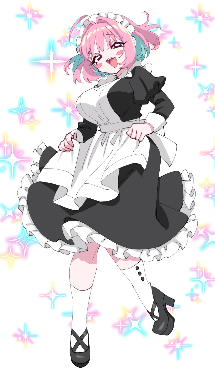 1girl absurdres ahoge apron black_dress black_footwear blush_stickers breasts commentary detached_ahoge dot_nose dress floating_hair frilled_apron frills full_body hair_intakes half-closed_eyes high_heels highres idolmaster idolmaster_cinderella_girls large_breasts long_sleeves looking_at_viewer maid_apron maid_headdress medium_hair open_mouth petticoat pink_hair saito_katuo smile socks solo sparkle_background symbol-only_commentary teeth upper_teeth_only white_apron white_background white_socks yumemi_riamu