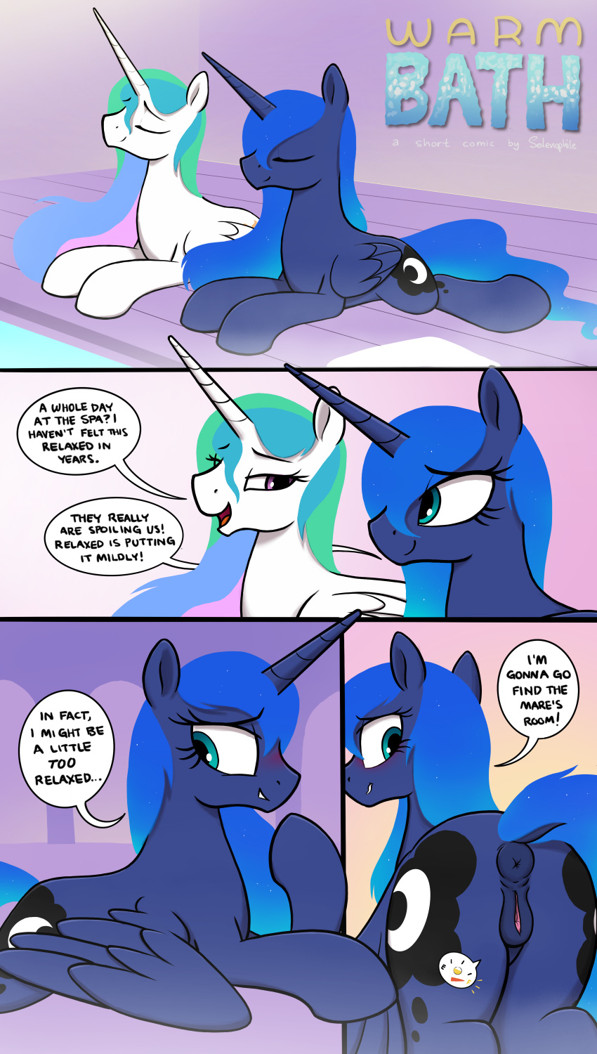 absurd_res animal_genitalia animal_pussy anus butt comic cutie_mark dialogue dock duo english_text equid equine_pussy eyelashes eyes_closed female feral friendship_is_magic hi_res hooves horn mammal my_little_pony open_mouth princess_celestia_(mlp) princess_luna_(mlp) pussy selenophile sibling sister sisters smile text winged_unicorn wings