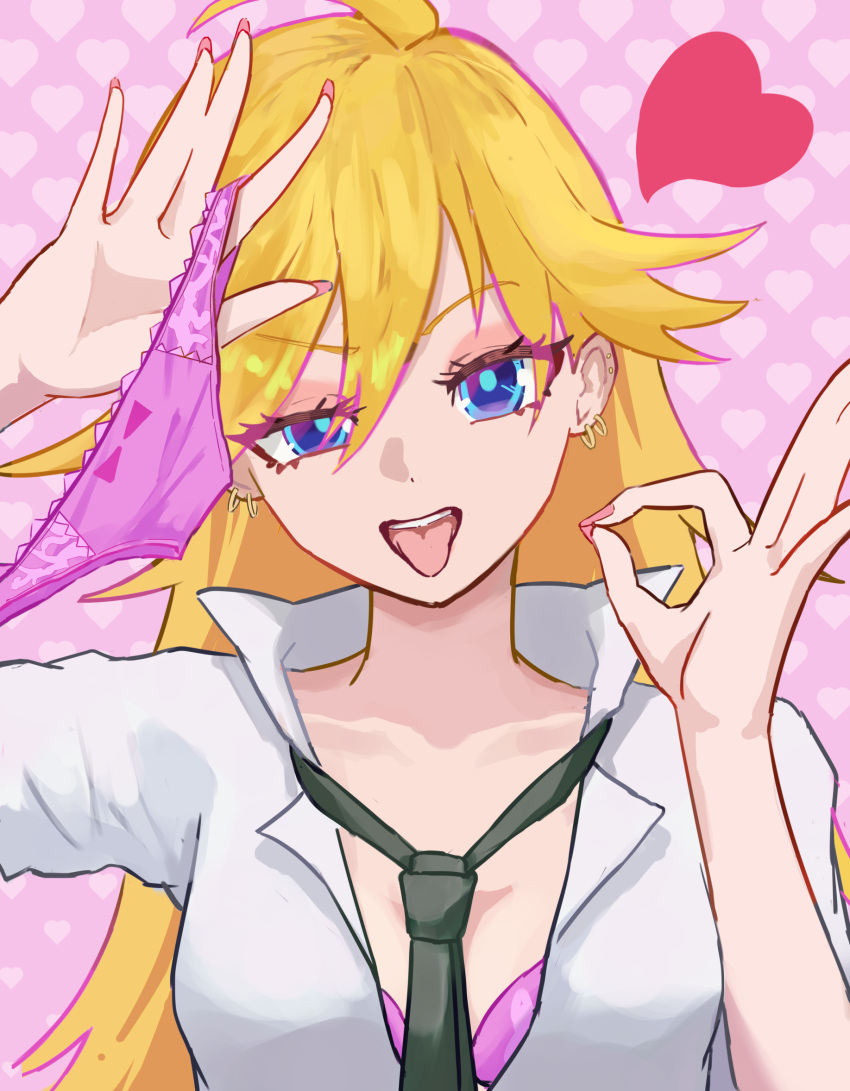 1girl ahoge arm_up black_necktie blonde_hair blue_eyes bra clip_studio_paint_(medium) close-up collared_shirt ear_piercing earrings eyes_visible_through_hair fellatio_gesture fingernails hair_between_eyes hand_on_own_head hand_up heart heart_background highres holding holding_clothes holding_panties holding_underwear jewelry long_fingernails long_hair looking_at_viewer making-of_available nail_polish necktie open_clothes open_collar open_mouth open_shirt panties panty_&amp;_stocking_with_garterbelt panty_(psg) piercing pink_background pink_bra pink_nails pink_panties portrait ryoha_kosako shirt short_sleeves solo teeth tongue tongue_out underwear uneven_eyes upper_teeth_only white_shirt