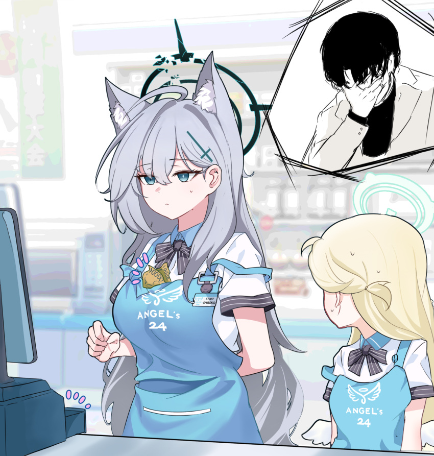 1boy 2girls ahoge angel's_24_uniform_(blue_archive) animal_ear_fluff animal_ears apron arm_behind_back banknote blue_apron blue_archive blush breasts convenience_store covering_face extra_ears grey_hair halo highres large_breasts long_hair looking_at_another money multiple_girls sensei_(blue_archive) shiroko_(blue_archive) shiroko_terror_(blue_archive) shop short_sleeves skyrain315 sora_(blue_archive) sweatdrop very_long_hair white_wings wings wolf_ears