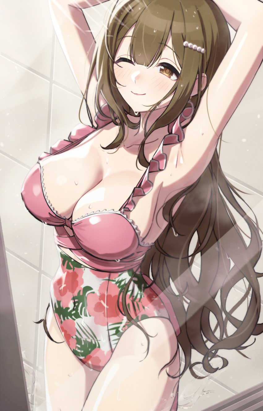 1girl 24riside ;) absurdres armpits arms_up blush breasts brown_hair casual_one-piece_swimsuit cleavage commentary_request commission floral_print highres idolmaster idolmaster_shiny_colors kuwayama_chiyuki long_hair medium_breasts one-piece_swimsuit one_eye_closed partial_commentary pink_one-piece_swimsuit pixiv_commission showering smile solo swimsuit tile_wall tiles very_long_hair