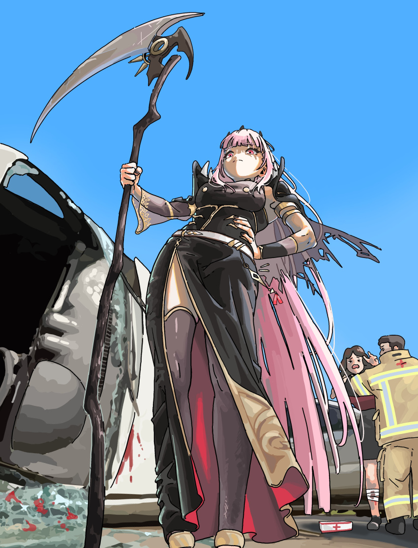 1boy 2girls absurdres black_dress black_nails black_thighhighs black_tiara blood blue_sky car car_crash clear_sky crying dress feet_out_of_frame from_below frown gurumie hand_on_own_hip highres holding holding_scythe hololive hololive_english implied_death injury long_hair mori_calliope mori_calliope_(1st_costume) motor_vehicle multiple_girls outdoors paramedic pink_eyes pink_hair scythe shoulder_spikes skindentation sky spiked_cape spiked_hood spikes standing thighhighs tiara two-sided_dress two-sided_fabric virtual_youtuber