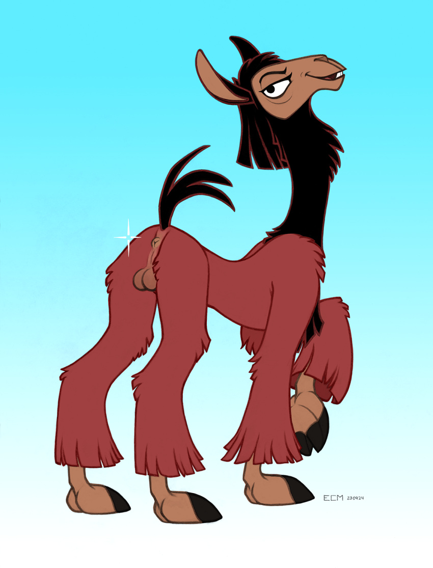 2023 anus artist_logo balls black_body black_eyes black_fur black_tail brown_anus brown_balls brown_face brown_feet brown_inner_ear butt camelid dated digital_drawing_(artwork) digital_media_(artwork) disney ecmajor eyebrows feet feral fur genitals gradient_background hi_res hooves kuzco llama logo looking_at_viewer looking_back looking_back_at_viewer male mammal multicolored_body multicolored_fur naughty_face on_model presenting presenting_anus presenting_balls presenting_hindquarters quadruped raised_foot rear_view red_body red_fur simple_background solo sparkles standing tail teeth the_emperor's_new_groove three-quarter_view