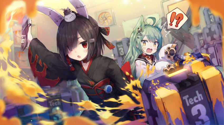 !? 2girls akashi_(azur_lane) animal_ears azur_lane black_hair black_kimono black_sailor_collar bunny_ears cat_ears choker commentary_request crate dress fake_animal_ears fraud green_hair hair_over_one_eye japanese_clothes kimono multiple_girls obi official_art open_mouth paint painting red_eyes ribbon_choker roll_okashi sailor_collar sailor_dress sash shiranui_(azur_lane) short_hair sleeves_past_fingers sleeves_past_wrists spoken_interrobang tech_box_(azur_lane) white_dress wide_sleeves yellow_eyes