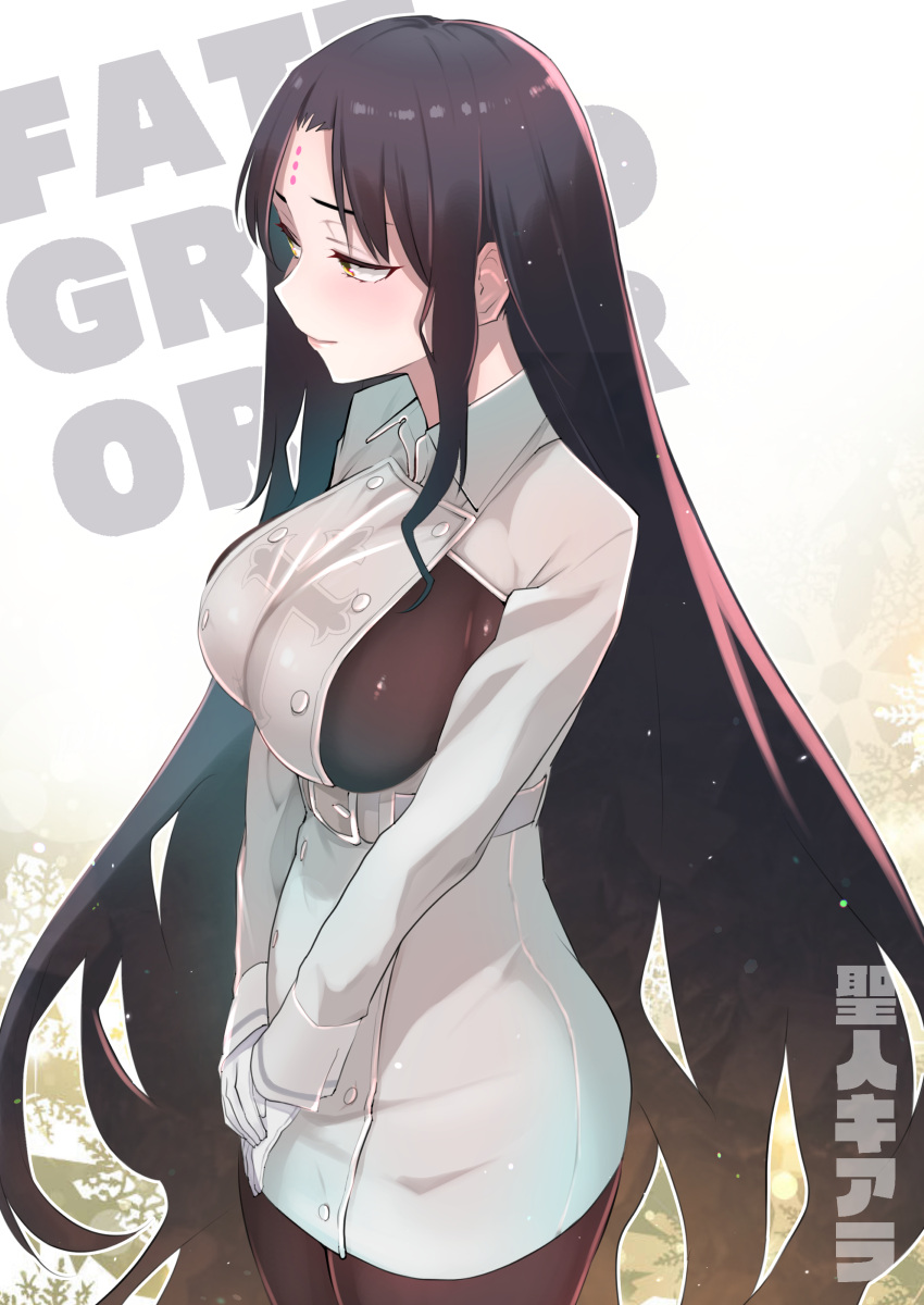 1girl absurdres alternate_costume belt black_hair blush bodystocking breasts buttons character_name closed_mouth coat coat_dress copyright_name cowboy_shot cross_print dress facial_mark fate/grand_order fate_(series) forehead_mark gloves grey_dress grey_gloves highres kojima_takeshi large_breasts lips long_hair long_sleeves own_hands_together parted_bangs sessyoin_kiara sideboob sideboob_cutout sidelocks smile snowflake_background solo standing thighs very_long_hair white_gloves yellow_eyes