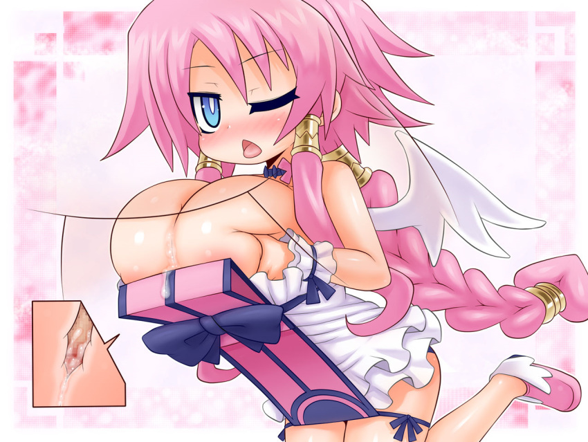 alexi_(tits!) angel angel_wings arekishi artina_(disgaea) blue_eyes braid breasts bursting_breasts cleavage clothed_female_nude_male clothed_sex cum cum_on_body cum_on_breasts disgaea dress gigantic_breasts huge_breasts kakuretenai large_breasts long_hair nude paizuri paizuri_under_clothes pink_hair shortstack tongue tongue_out very_long_hair vulcanus_(disgaea_4) wings