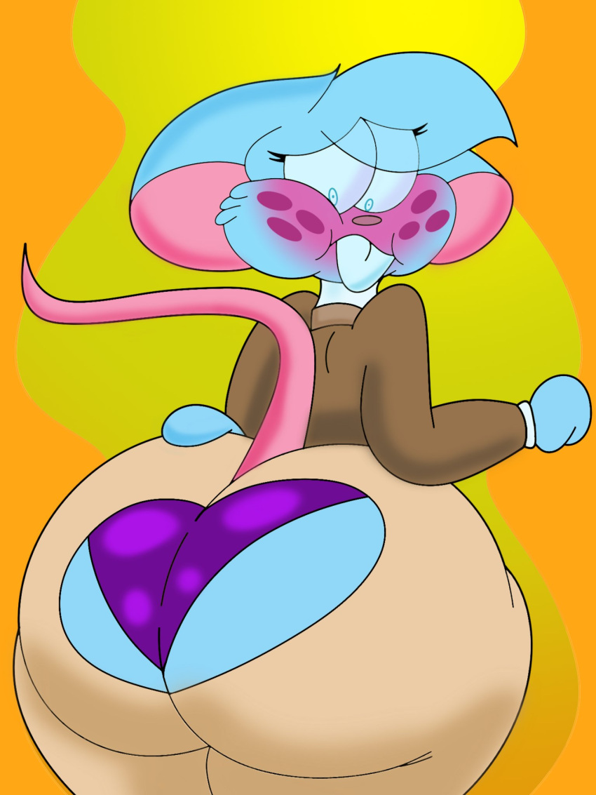 2023 anthro big_butt big_ears biped blue_body blue_ears blue_eyes blue_fur blue_hair blush blushing_profusely bottom_heavy bottomwear brown_clothing brown_jacket brown_topwear buckteeth butt cheek_tuft clothed clothed_anthro clothed_female clothing digital_drawing_(artwork) digital_media_(artwork) embarrassed evanwallaby eye_through_hair eyelashes eyelashes_through_hair facial_tuft female female_anthro freckles fur fur_tuft furgonomics hair half-length_portrait hand_on_butt hand_on_own_butt hi_res jacket looking_at_own_butt looking_back mammal mia_mouse mouse mouse_ears mouse_tail murid murine panties portrait purple_clothing purple_panties purple_underwear rear_view rodent simple_background skirt solo tail tail_through_skirt tan_bottomwear tan_clothing tan_skirt teeth thick_thighs topwear torn_clothing torn_skirt translucent translucent_hair tuft underwear wardrobe_malfunction whiskers yellow_background