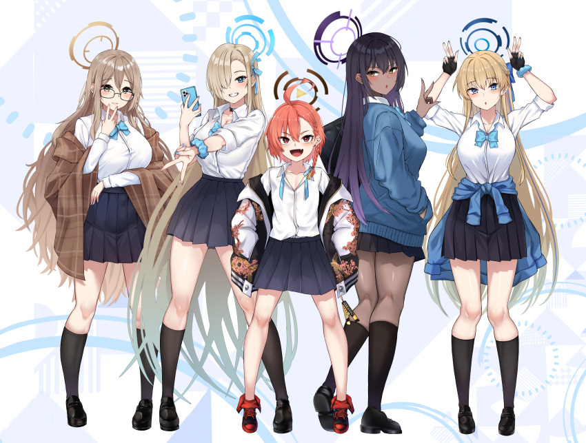 5girls :d :o absurdres akane_(blue_archive) asuna_(blue_archive) black_choker black_footwear black_gloves black_hair black_halo black_skirt black_socks blonde_hair blue_archive blue_bow blue_bowtie blue_cardigan blue_eyes blue_hair blue_halo blue_nails blue_ribbon blue_scrunchie bow bowtie braid brown_hair brown_halo cardigan cardigan_around_waist cellphone choker cleaning_&amp;_clearing_(blue_archive) clothes_around_waist collarbone commentary_request dark-skinned_female dark_skin double_v fang fingerless_gloves fingernails from_behind full_body glasses gloves gradient_hair hair_between_eyes hair_bow hair_over_one_eye hair_ribbon halo hand_in_pocket hands_in_pockets hands_up highres holding holding_phone jacket karin_(blue_archive) legs loafers long_hair long_sleeves looking_at_viewer multicolored_hair multiple_girls nahanmin nail_polish neru_(blue_archive) phone pleated_skirt purple_hair purple_halo red_eyes red_footwear ribbon school_uniform scrunchie shirt shoes single_braid skin_fang skirt smile socks standing thighs toki_(blue_archive) two-tone_hair v very_long_hair white_jacket white_shirt wrist_scrunchie yellow_eyes