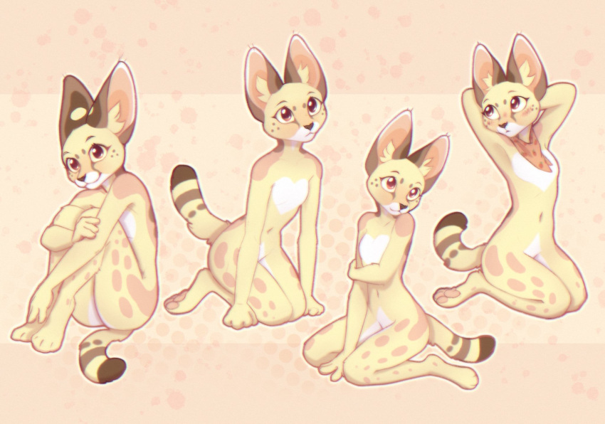 2023 anthro blush digital_media_(artwork) felid feline female fur hi_res inner_ear_fluff mammal multiple_poses navel nude pose serval smile solo spots spotted_body spotted_fur tuft yellow_body yellow_fur yshanii