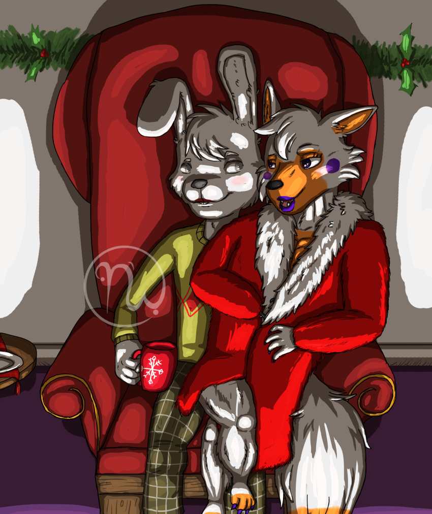2016 4_fingers 4_toes absurd_res amputee anthro artist_logo beverage blush buckteeth canid canine canis carpet chair cheek_markings cheek_tuft christmas christmas_clothing christmas_decorations christmas_mug christmas_sweater christmas_topwear claws clothing digital_drawing_(artwork) digital_media_(artwork) disability duo eye_contact eyebrows eyelashes facial_markings facial_tuft feet fingers five_nights_at_freddy's five_nights_at_freddy's_world flirting fluffy fluffy_tail food_on_face fox fredbear_college fur furniture garland grey_eyes grey_nose hair head_markings hi_res holding_beverage holding_object holidays holly_(plant) inside interspecies lagomorph leporid lips logo lolbit_(fnaf) long_ears looking_at_another luke_birch_hook male male/male mammal markings missing_hand mug muscular muscular_anthro muscular_male muscular_thighs on_lap orange_body orange_fur orange_inner_ear pattern_clothing paws plaid plaid_clothing plant plate purple_claws purple_eyes purple_floor purple_lips rabbit red_chair red_clothing red_robe robe robe_only romantic romantic_couple scottgames short_hair sitting sitting_on_lap skywater smile smiling_at_each_other smiling_at_partner sweater table tablecloth tail teeth toes topwear tuft wall_(structure) white_body white_fur white_hair white_rabbit_(fnaf) wyatt_rabitte