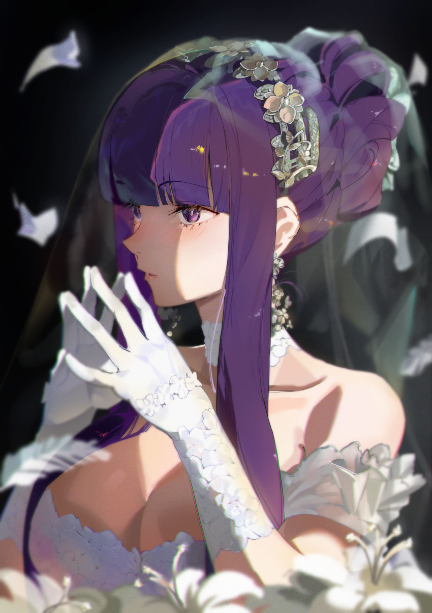 1girl absurdres bare_shoulders black_background blunt_bangs breasts bridal_veil bride cleavage cut_bangs dangle_earrings detached_collar dress earrings falling_petals fern_(sousou_no_frieren) flower gloves highres jewelry large_breasts petals purple_eyes purple_hair purple_pupils rokka_(rokka_013a) solo sousou_no_frieren straight_hair strapless strapless_dress tiara updo upper_body veil wedding_dress white_dress white_flower white_gloves