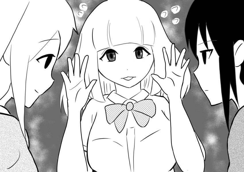 3girls absurdres blunt_bangs bow bowtie breasts closed_mouth collared_shirt commentary_request flying_sweatdrops greyscale hands_up highres kyouan_(ik1001730) large_breasts long_hair looking_at_another looking_at_viewer monochrome multiple_girls naruse_yuu nemoto_hina parted_lips school_uniform shirt short_sleeves staring staring_contest tamura_yuri upper_body watashi_ga_motenai_no_wa_dou_kangaetemo_omaera_ga_warui!