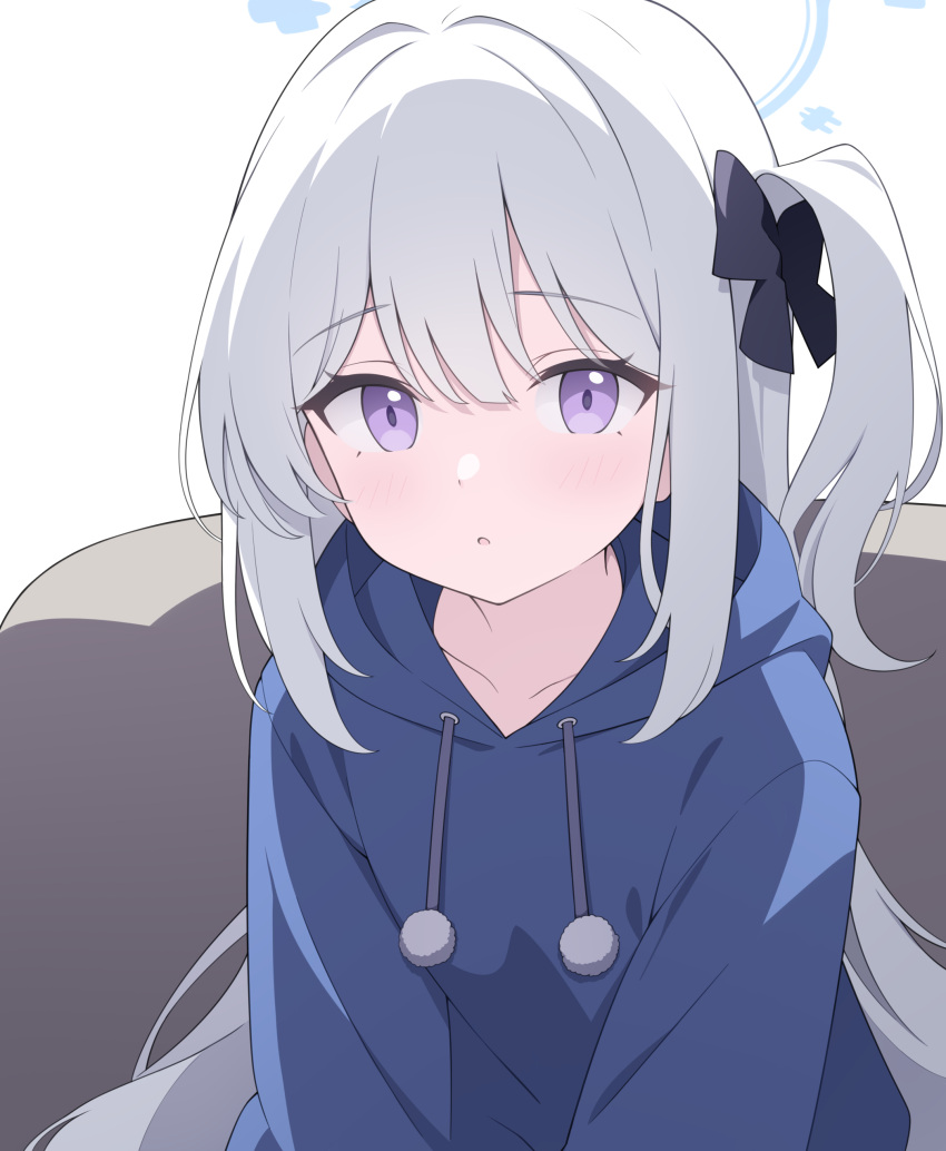 1girl absurdres blue_archive blue_halo blue_hoodie commentary drawstring halo highres hood hoodie jyt long_hair looking_at_viewer miyako_(blue_archive) official_alternate_costume one_side_up parted_lips pom_pom_(clothes) purple_eyes solo upper_body white_hair