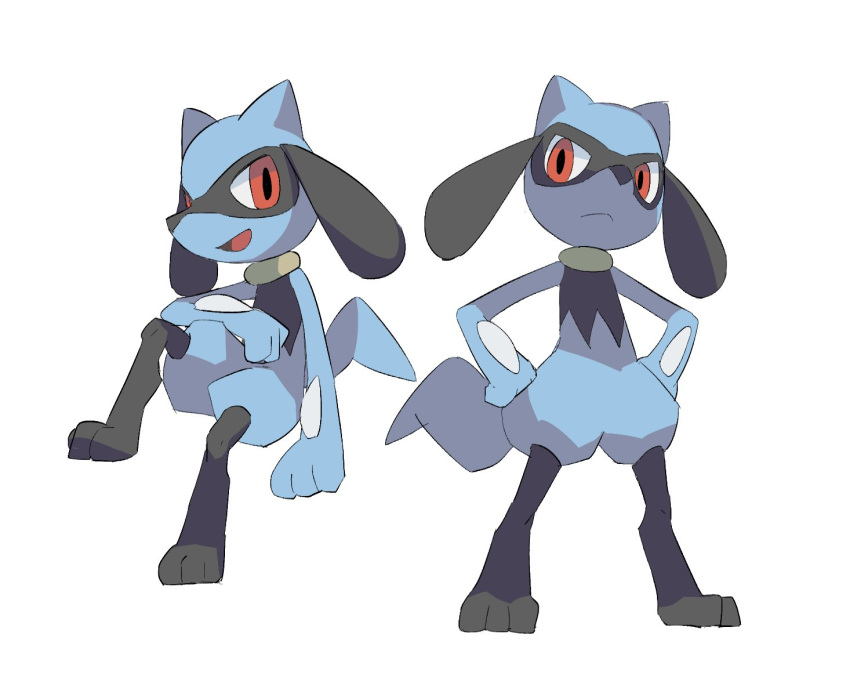 :d closed_mouth frown hands_on_own_hips invisible_chair open_mouth pokemon pokemon_(creature) red_eyes riolu simple_background sitting smile standing tongue wadasada white_background