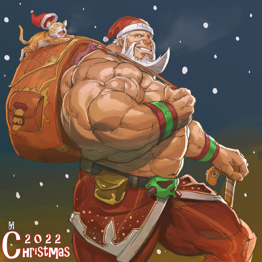 1boy 2022 bara beard christmas facial_hair flexing_pecs from_side full_beard hat highres itadori_shuu large_pectorals long_beard looking_at_viewer male_focus mature_male muscular muscular_male mustache old old_man original pectorals red_headwear santa_claus santa_costume santa_hat short_hair snowing solo strongman_waist thick_arms thick_beard thick_eyebrows thick_mustache thick_thighs thighs topless_male veins veiny_arms wrinkled_skin