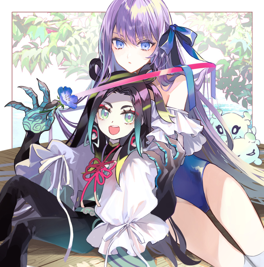 1boy 1girl arms_up belt black_hair black_pants blue_eyes blue_flower blue_one-piece_swimsuit blue_ribbon border commentary_request earrings eyeshadow fate/grand_order fate_(series) feet_out_of_frame flower frilled_one-piece_swimsuit frills gradient_hair green_belt green_eyes green_hair hair_ribbon highleg highleg_swimsuit highres holding holding_flower jewelry kon_(fate) leaning_back leaning_to_the_side long_hair makeup meltryllis_(fate) meltryllis_(swimsuit_lancer)_(fate) meltryllis_(swimsuit_lancer)_(second_ascension)_(fate) multicolored_hair neck_ribbon off-shoulder_one-piece_swimsuit off_shoulder on_floor one-piece_swimsuit open_mouth outside_border pants parted_bangs parted_lips pink_ribbon plant poppoman purple_hair red_eyeshadow ribbon sidelocks sleeves_past_fingers sleeves_past_wrists smile strapless strapless_one-piece_swimsuit swimsuit taisui_xingjun_(fate) teeth upper_teeth_only very_long_hair white_border wooden_floor yakisoba