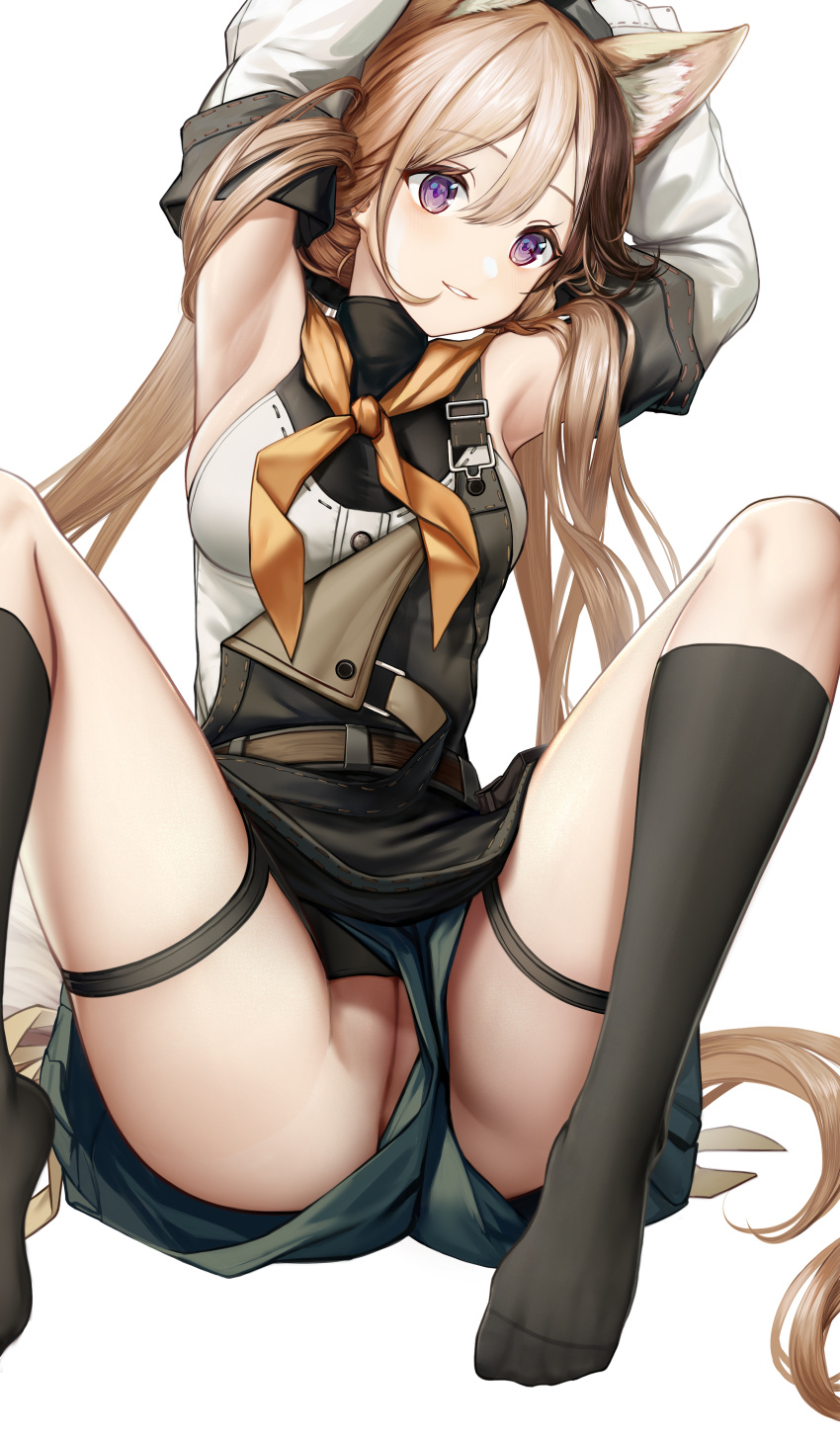 1girl absurdres animal_ear_fluff animal_ears argyle argyle_legwear arknights armpits arms_up black_socks brown_hair cardigan_(arknights) cardigan_(sunny_day)_(arknights) detached_sleeves extra_ears feet foot_out_of_frame grey_shorts hair_between_eyes highres kneehighs knees_up legs long_hair long_sleeves looking_at_viewer multicolored_hair no_panties no_shoes nopetroto parted_lips purple_eyes pussy shirt short_shorts shorts simple_background sleeveless sleeveless_shirt smile socks solo spread_legs streaked_hair tail thigh_strap toes uncensored upshorts variant_set very_long_hair white_background white_shirt white_sleeves
