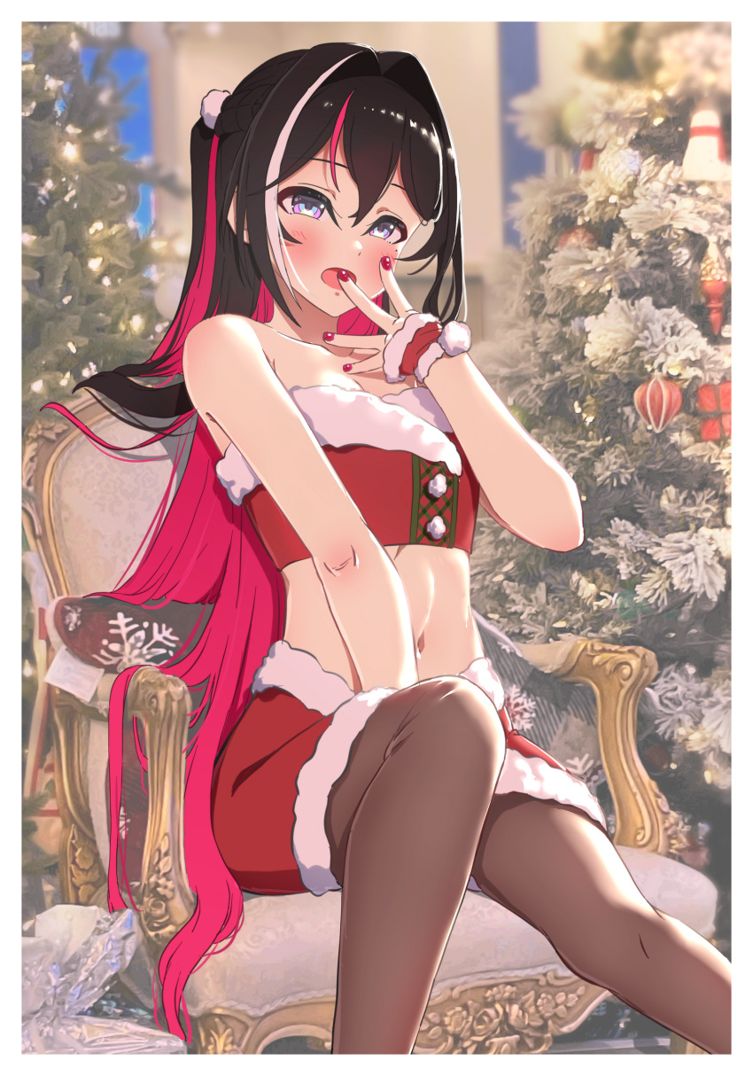 1girl absurdres armchair azki_(hololive) bare_shoulders black_hair blue_eyes border brown_pantyhose chair christmas christmas_tree colored_inner_hair covering_mouth fur-trimmed_skirt fur-trimmed_tube_top fur_trim hair_between_eyes hair_ornament highres hololive loeldrive long_hair looking_at_viewer midriff miniskirt mole mole_under_eye multicolored_hair navel open_mouth pantyhose photo_background pom_pom_(clothes) pom_pom_hair_ornament purple_eyes red_hair red_nails red_skirt red_tube_top ringed_eyes sitting skirt solo strapless streaked_hair tube_top very_long_hair virtual_youtuber white_border white_hair