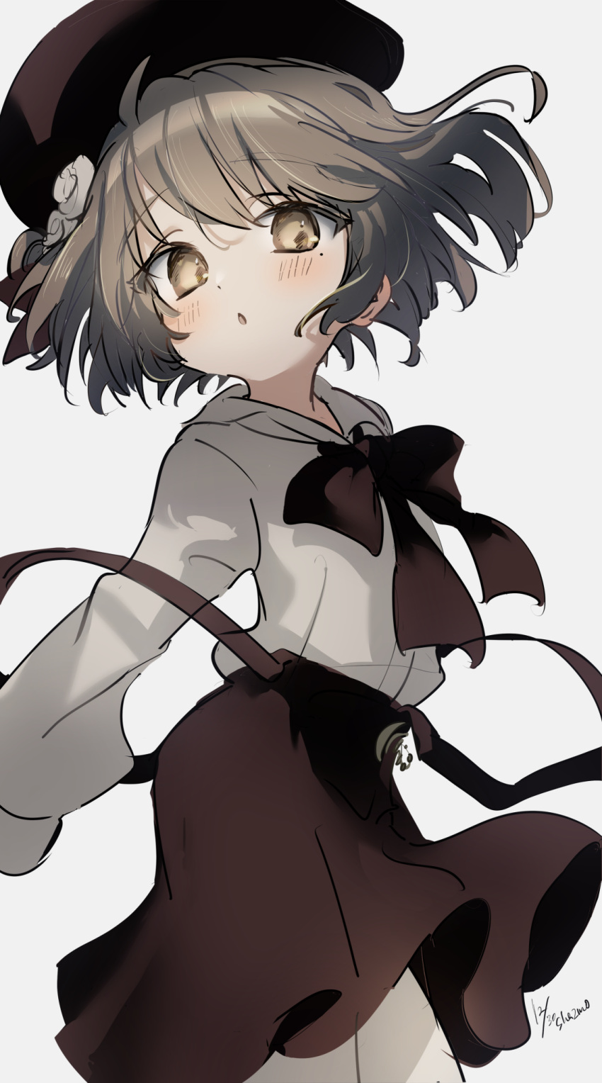1girl :o arms_behind_back beret black_headwear black_ribbon black_skirt blush brown_eyes brown_hair collared_shirt commentary cowboy_shot dated dot_nose double_strap_slip floating_hair flower from_side grey_background hat hat_flower hat_ribbon hatoba_tsugu highres long_sleeves looking_at_viewer medium_skirt mole mole_under_eye neck_ribbon open_mouth pantyhose puffy_long_sleeves puffy_sleeves raised_eyebrows ribbon sha2mo shadow shirt shirt_tucked_in short_hair signature simple_background single_hair_ring skirt sleeves_past_wrists solo strap_slip suspender_skirt suspenders suspenders_slip tsugu_(vtuber) virtual_youtuber white_flower white_pantyhose white_shirt wide_sleeves wind