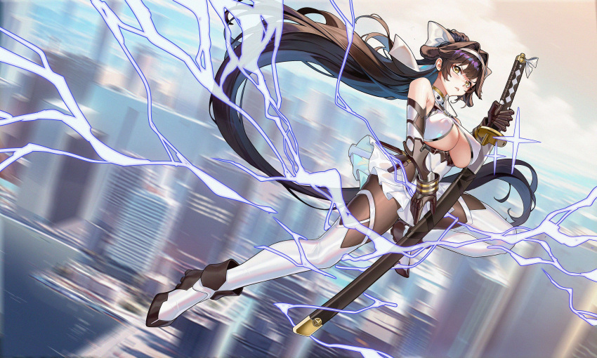 1girl absurdres azur_lane black_hair bow breasts building cleavage cleavage_cutout clothing_cutout covered_nipples elbow_gloves electricity extra_ears gloves green_eyes hair_ears hair_flaps high-waist_pantyhose highres holding holding_sword holding_weapon katana knee_up large_breasts leotard lightning long_hair official_alternate_costume pantyhose ponytail pool_(lautomaton) ribbon skyscraper sparks sword takao_(azur_lane) takao_(divine_exorcist's_blade)_(azur_lane) weapon white_bow white_leotard white_ribbon