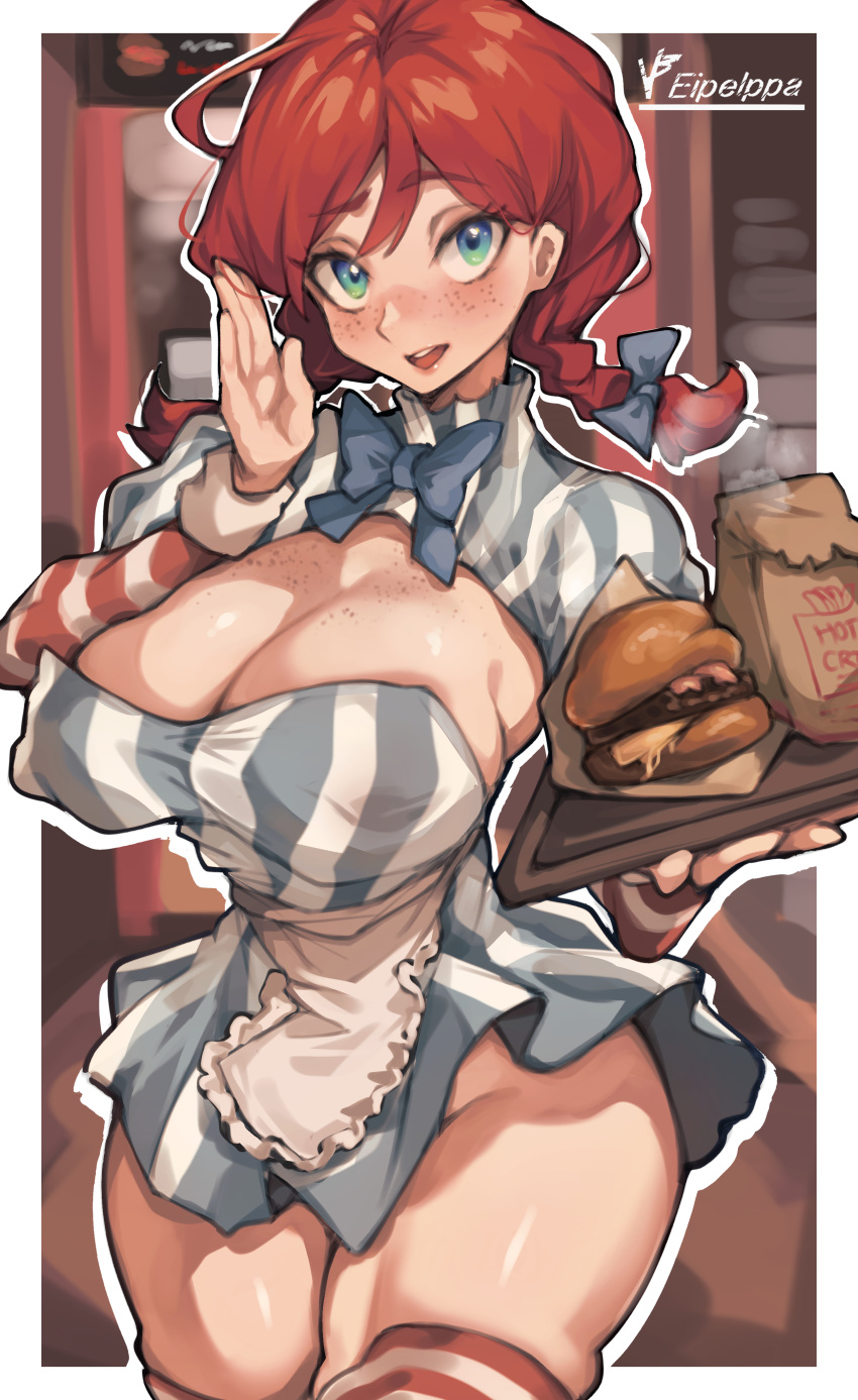 1girl absurdres artist_name blue_bow blue_bowtie blue_eyes bow bowtie braid breasts burger cleavage commentary_request covered_nipples dress food freckles hair_bow hand_up highres iparupua large_breasts looking_at_viewer open_mouth red_hair red_thighhighs short_hair solo striped striped_dress striped_thighhighs thighhighs thighs twin_braids vertical-striped_dress vertical_stripes wendy's wendy_(wendy's)