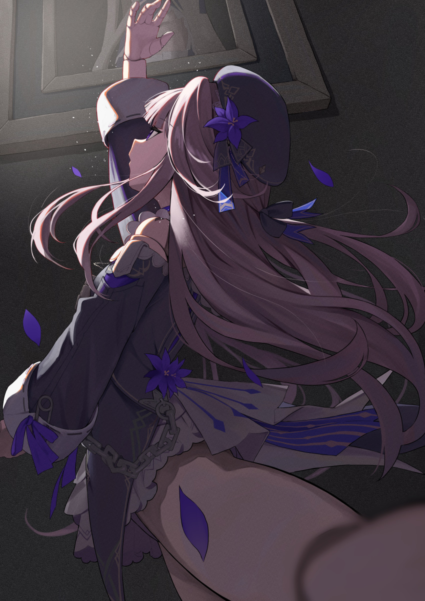 1girl absurdres arm_up beret black_headwear brown_hair chain clothing_cutout doll_joints flower hat hat_flower herta_(honkai:_star_rail) highres honkai:_star_rail honkai_(series) joints karadborg long_sleeves petals portrait_(object) purple_eyes safety_pin shoulder_cutout solo