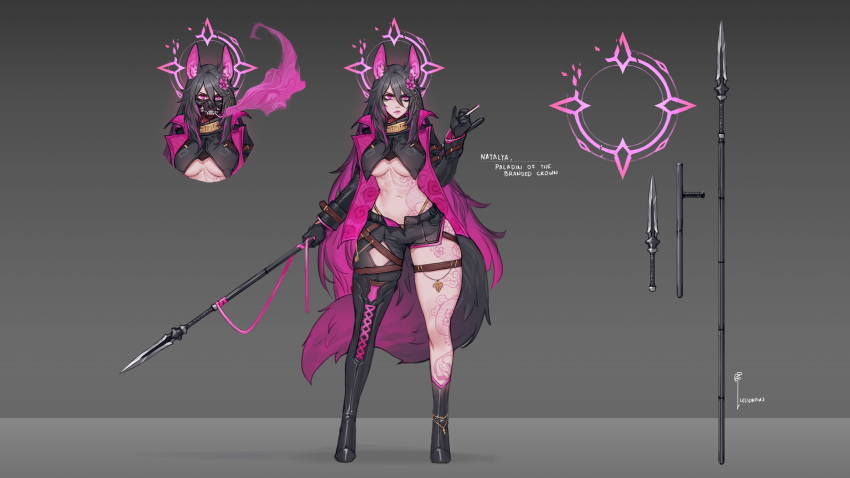 1girl absurdres animal_ears asymmetrical_clothes baton_(weapon) black_hair boots breasts dagger flower full_body gloves grey_background hair_between_eyes hair_flower hair_ornament halo highres holding holding_polearm holding_weapon knife large_breasts less long_hair long_sleeves looking_at_viewer mask mouth_mask multiple_views navel original panties pink_eyes pink_hair polearm simple_background single_pantsleg single_thigh_boot slit_pupils spear standing tail tattoo thigh_boots thigh_strap underboob underwear very_long_hair weapon