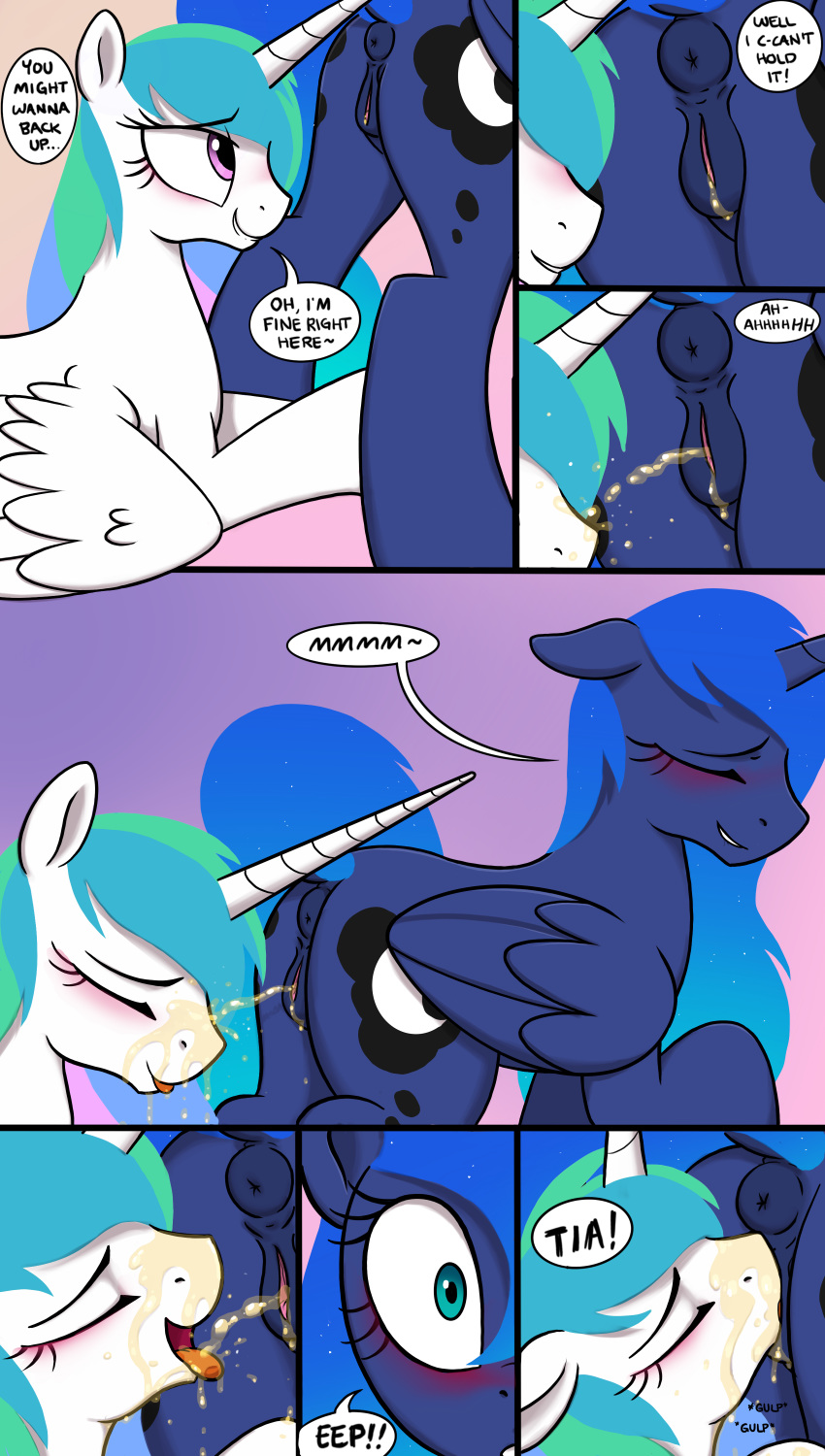 absurd_res animal_genitalia animal_pussy anus blush butt comic cutie_mark dialogue duo english_text equid equine_pussy eyelashes eyes_closed female feral friendship_is_magic hi_res horn incest mammal my_little_pony open_mouth oral peeing princess_celestia_(mlp) princess_luna_(mlp) pussy selenophile sex sibling sister sisters text tongue tongue_out urine watersports winged_unicorn wings