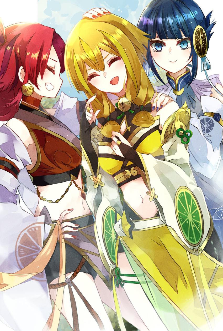 3girls bell bell_earrings blonde_hair blue_eyes blue_hair breasts bridal_gauntlets closed_eyes crop_top detached_sleeves duel_monster earrings ha-re_the_sword_mikanko hand_on_another's_shoulder hand_on_own_hip headpat highres hu-li_the_jewel_mikanko jewelry jingle_bell_earrings long_sleeves medium_breasts midriff multiple_girls navel ni-ni_the_mirror_mikanko open_mouth red_hair short_hair short_hair_with_long_locks short_shorts shorts shorts_under_skirt smile surphase wide_sleeves yu-gi-oh!