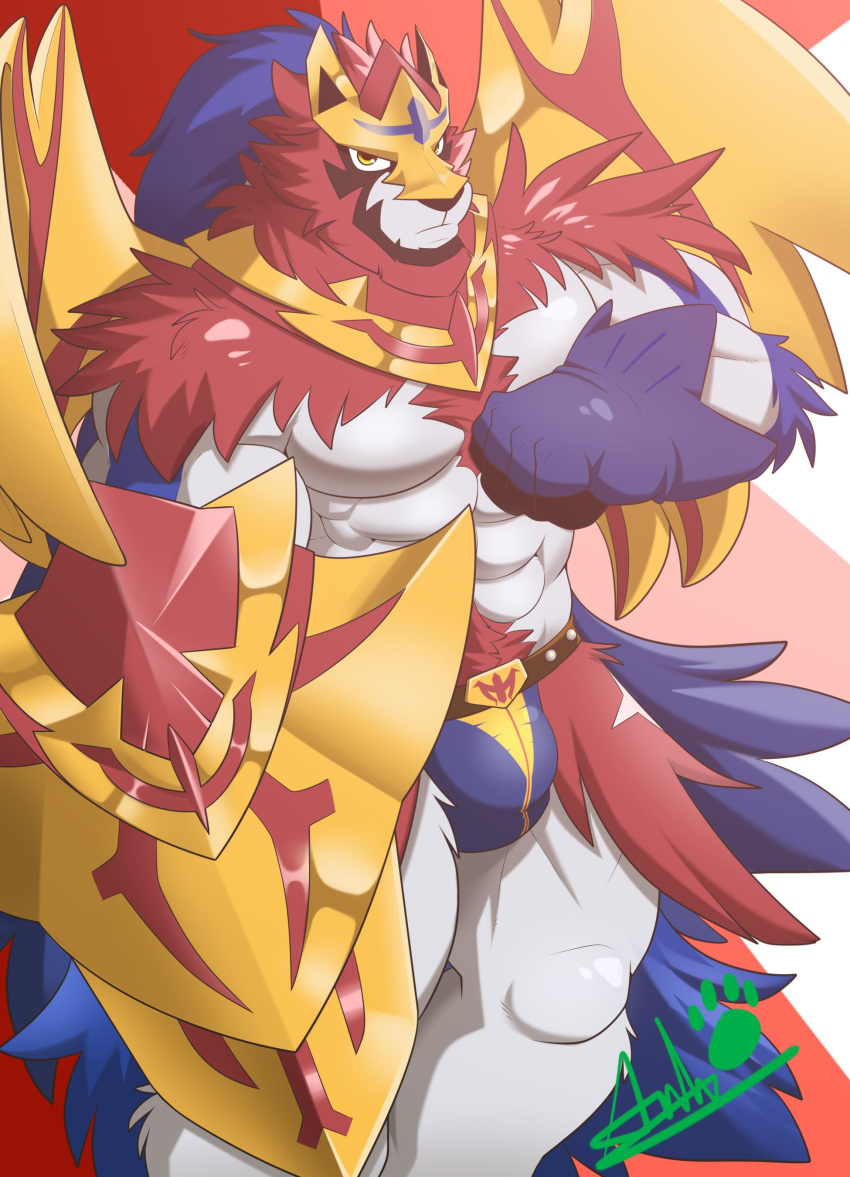 2019 abs absurd_res anthro biceps canid canine digital_media_(artwork) fur hi_res legendary_pok&eacute;mon male mammal muscular muscular_male nintendo oleola123 pecs pok&eacute;mon pok&eacute;mon_(species) simple_background solo video_games zamazenta