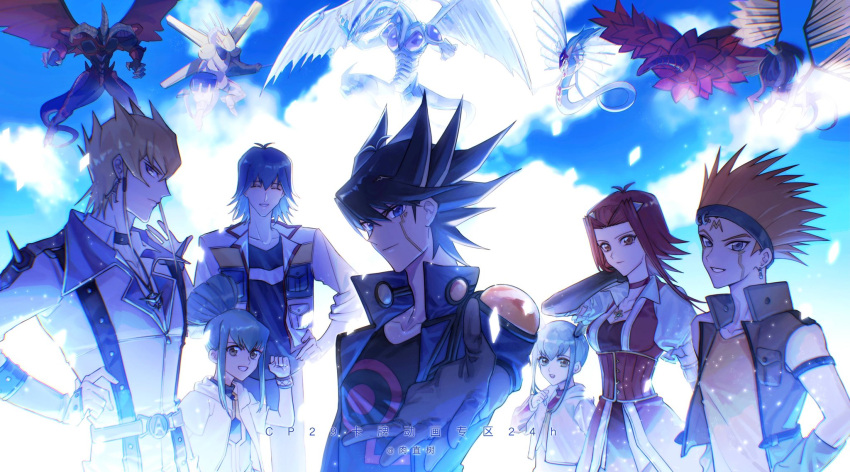 2girls 5boys ancient_fairy_dragon arm_strap bat_wings belt black-winged_dragon black_choker black_gloves black_hair black_rose_dragon black_shirt blonde_hair blue_eyes blue_hair blue_pants blue_shirt blue_sky brown_eyes brown_gloves brown_vest bruno_(yu-gi-oh!) chinese_text choker clenched_hand closed_eyes cloud cloudy_sky collared_shirt commentary corset crow_hogan dangle_earrings dragon duel_monster earrings elbow_gloves english_commentary facial_mark facial_tattoo forehead_mark fudou_yuusei gloves green_hair grin hand_on_own_hip hand_on_own_neck hand_up happy headband high_ponytail highres hood hooded_jacket izayoi_aki jack_atlas jacket jewelry jumpsuit life_stream_dragon looking_at_viewer looking_to_the_side lua_(yu-gi-oh!) luca_(yu-gi-oh!) multicolored_hair multiple_boys multiple_girls naoki_(2rzmcaizerails6) necklace open_clothes open_jacket orange_hair pants parted_bangs pendant puffy_short_sleeves puffy_sleeves purple_eyes racing_suit reaching reaching_towards_viewer red_choker red_corset red_dragon_archfiend red_hair red_shirt serious shirt short_hair short_hair_with_long_locks short_ponytail short_sleeves shoulder_pads shoulder_spikes sidelocks sky sleeves_rolled_up smile spiked_hair spikes standing stardust_dragon streaked_hair studded_choker tattoo translation_request turtleneck_shirt upper_body v-neck vest waving white_jacket white_jumpsuit white_shirt wings wristband yellow_shirt yu-gi-oh! yu-gi-oh!_5d's
