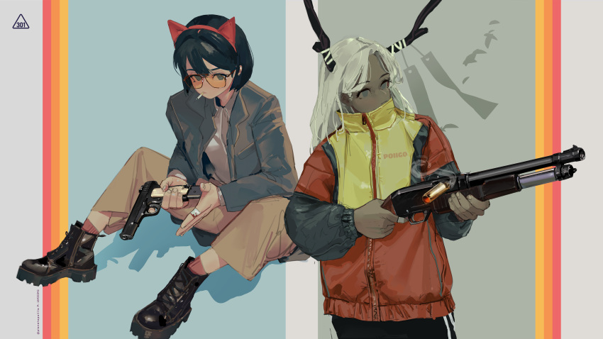 1girl 2girls absurdres adidas animal_ears ankle_boots antlers asymmetrical_bangs bandage_on_finger bandages black_hair black_pants black_sleeves blazer blue_background bob_cut boots brown_pants cat_ear_hairband cat_ears cigarette collared_shirt dark-skinned_female dark_skin dress_shirt grey_background grey_eyes grey_jacket gun handgun high_collar highres holding holding_gun holding_weapon jacket ks-23 leather leather_boots long_hair multicolored_clothes multicolored_jacket multiple_girls open_clothes open_jacket orange-tinted_eyewear original pants paper platform_footwear polilla popped_collar pump_action red_jacket red_socks reloading shirt shotgun shotgun_shell simple_background sitting smoking socks solo striped striped_background sunglasses tinted_eyewear tokarev_tt-33 track_jacket track_pants track_suit trigger_discipline triple_vertical_stripe weapon white_hair white_shirt windbreaker zipper