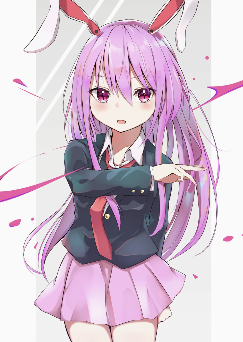 1girl absurdres alternate_eye_color animal_ears arm_behind_back arm_up blazer blush bunny_ears clenched_hand contrapposto cowboy_shot expressionless eyebrows_visible_through_hair grey_background hair_between_eyes highres iyo_(ya_na_kanji) jacket lavender_skirt long_hair long_sleeves looking_at_viewer loose_necktie miniskirt necktie open_mouth pleated_skirt purple_eyes purple_hair red_neckwear reisen_udongein_inaba shirt simple_background skirt solo splatter standing touhou very_long_hair white_shirt wing_collar