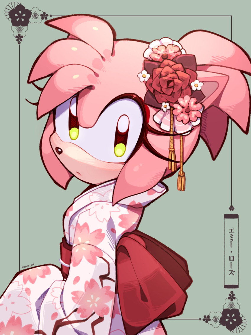 1girl alternate_costume amy_rose animal_ears animal_nose artist_name back_bow belt blush bow character_name closed_mouth ear_flower english_commentary eyelashes eyeshadow floral_print flower from_side furry furry_female green_background green_eyes hedgehog_ears hedgehog_girl highres japanese_clothes kimono kumo_zd long_sleeves looking_at_viewer makeup pink_fur red_belt red_bow red_eyeshadow red_flower simple_background solo sonic_(series) standing tassel white_flower white_kimono wide_sleeves