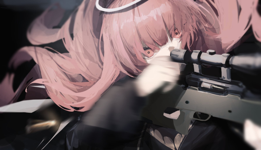 1girl ankoro_mochi arknights black_dress dress gun halo highres holding holding_gun holding_weapon lemuen_(arknights) long_hair long_sleeves motion_blur pink_eyes pink_hair reloading rifle scope shell_casing sniper_rifle solo upper_body weapon
