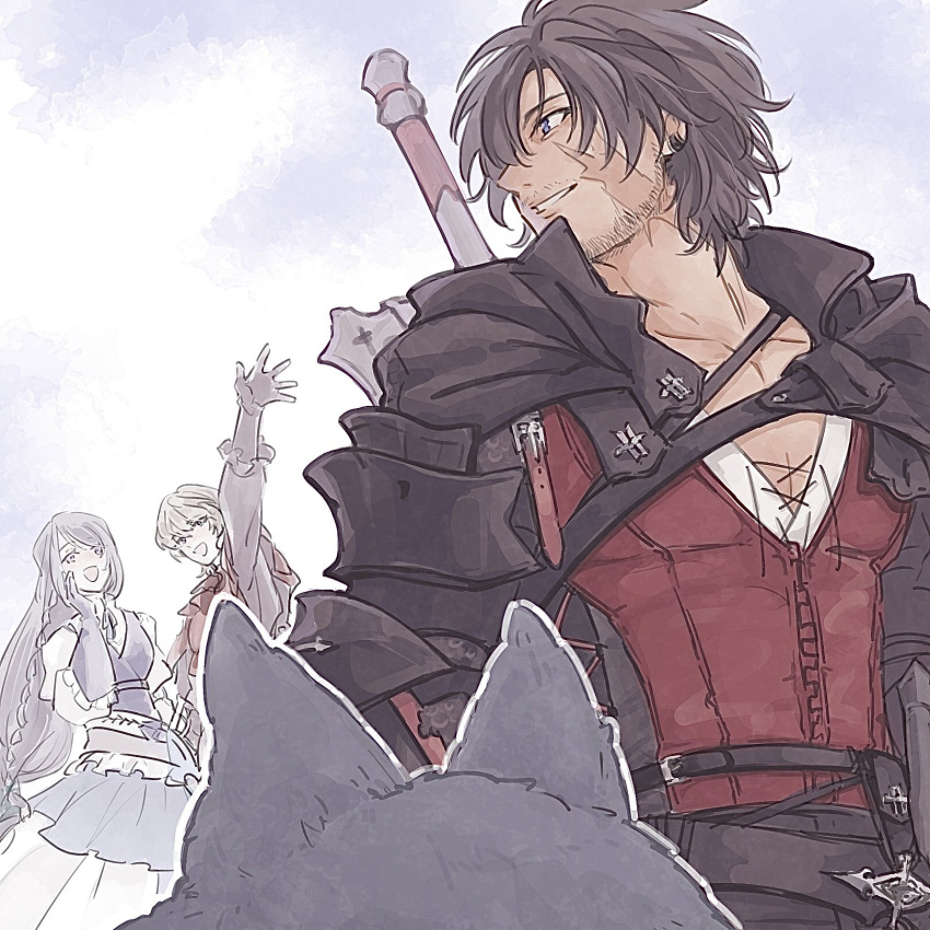 1girl 2boys beard beard_stubble black_cape black_hair blonde_hair braid cape chinstrap_beard clive_rosfield facial_hair final_fantasy final_fantasy_xvi gloves grey_hair highres jill_warrick joshua_rosfield kuri6_4 leather_vest long_hair low-tied_long_hair multiple_boys mustache mustache_stubble scar scar_on_face single_braid smile sword sword_on_back tied_drawstring torgal_(ff16) waving weapon weapon_on_back wolf