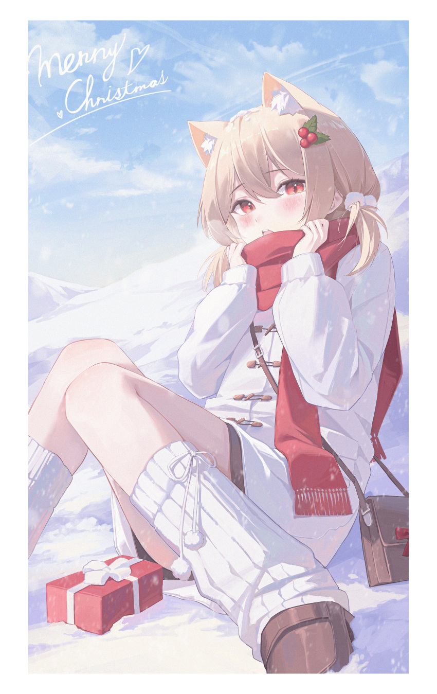 1girl absurdres animal_ears bag black_skirt brown_footwear brown_hair cat_ears cat_girl christmas cloud coat cropped_legs double-parted_bangs extra_ears gift hair_between_eyes hair_ornament highres holding holding_clothes holding_scarf light_blush merry_christmas midori_xu mountain original red_eyes red_scarf scarf short_twintails shoulder_bag sidelocks sitting skirt sky snow twintails white_coat white_leg_warmers