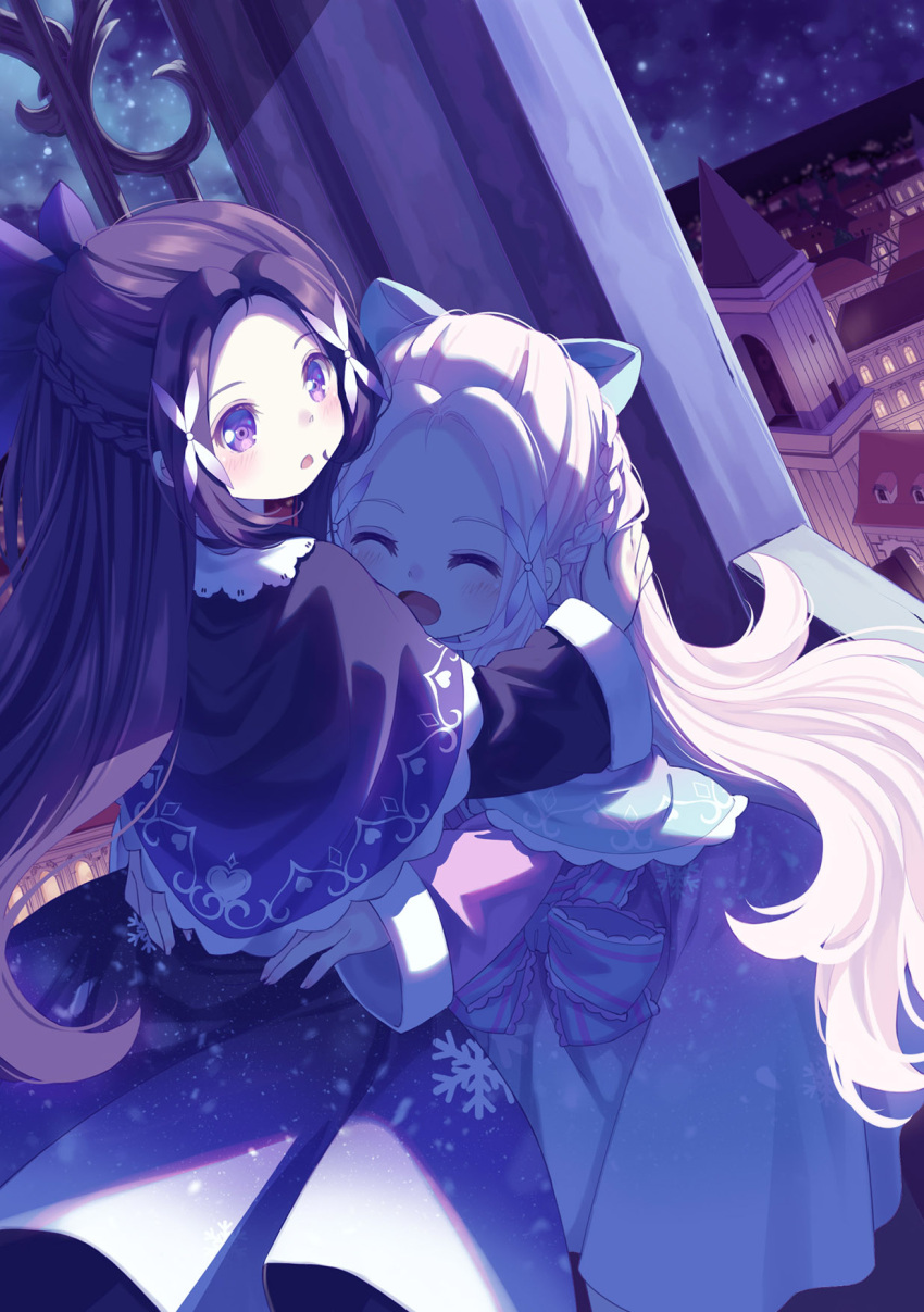 2girls 54hao :d :o ^_^ blue_bow blue_capelet blush bow braid capelet cityscape closed_eyes commentary dress forehead hair_bow hair_ornament highres hug indoors long_hair long_sleeves multiple_girls nail_polish night night_sky original parted_bangs parted_lips pink_nails purple_bow purple_capelet purple_dress purple_eyes purple_hair siblings sisters sky sleeves_past_wrists smile star_(sky) starry_sky striped striped_bow twins very_long_hair wide_sleeves x_hair_ornament