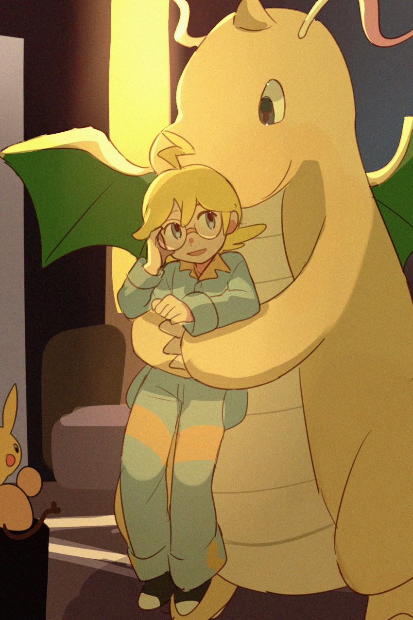 1boy adjusting_eyewear ahoge aqua_eyes black_footwear blonde_hair carrying claws clemont_(pokemon) commentary_request dragonite glasses highres jumpsuit long_sleeves male_focus open_mouth pikachu pokemon pokemon_(creature) pokemon_xy round_eyewear shoes smile suikaels