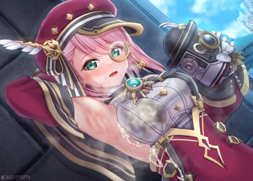 1girl arm_up armpits bare_shoulders blue_brooch blue_gemstone blush breasts cabbie_hat camera can_(canzume) charlotte_(genshin_impact) cum cum_in_clothes cum_on_body cum_on_breasts cum_on_clothes detached_sleeves gem genshin_impact gloves gold_trim_bow green_eyes hat hat_feather holding holding_camera lace-up_sleeves medium_breasts medium_hair monocle open_mouth pink_hair puffy_detached_sleeves puffy_sleeves red_headwear red_sleeves short_hair sideboob solo sweat upper_body white_gloves white_trim_bow