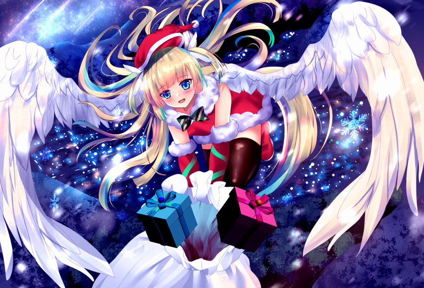 1girl absurdres alternate_costume angel angel_wings bare_shoulders black_thighhighs blonde_hair blue_eyes blue_hair blunt_bangs blush boots bow box christmas city_lights commentary dress elbow_gloves floating_hair flying from_above full_body fur-trimmed_dress fur-trimmed_gloves fur_trim gift gift_bag gift_box gloves green_bow hat highres izumikuu long_hair looking_at_viewer mountainous_horizon multicolored_hair night open_mouth outdoors revision santa_boots santa_costume santa_dress santa_gloves santa_hat shirayuki_noa shooting_star short_dress sky sleeveless sleeveless_dress smile snowflakes snowing solo star_(sky) starry_sky streaked_hair tenshi_souzou_re-boot! thighhighs two_side_up very_long_hair white_wings wing_hair_ornament wings zettai_ryouiki