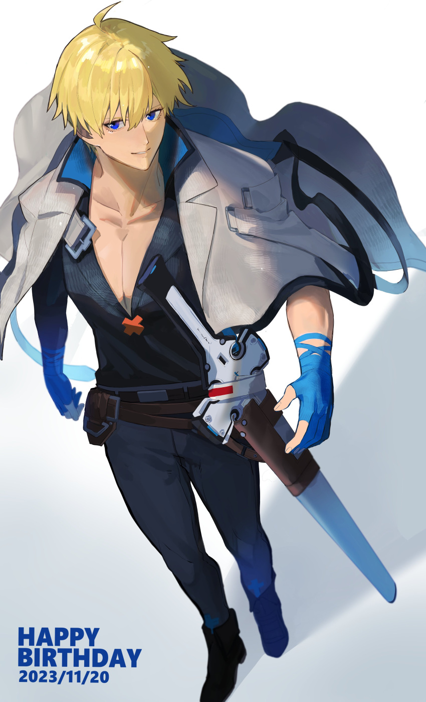 1boy absurdres belt black_shirt blonde_hair blue_eyes blue_gloves collarbone dated english_text full_body gloves guilty_gear guilty_gear_strive happy_birthday highres jacket jacket_on_shoulders ky_kiske male_focus pants partially_fingerless_gloves pectorals sheath sheathed shirt short_hair solo standing sword thunderseal uonomesabu v-neck weapon white_jacket