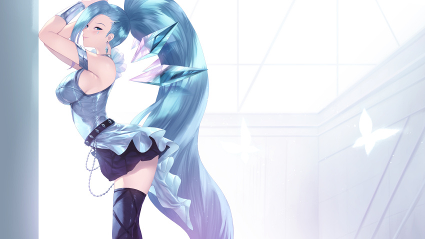 1girl belt black_skirt black_thighhighs blue_eyes blue_hair blue_shirt breasts bug butterfly cait_aron crystal_earrings earrings from_side highres jewelry k/da_all_out_seraphine_superstar large_breasts league_of_legends light_smile long_hair looking_at_viewer ponytail seraphine_(league_of_legends) shirt single_vambrace skirt sleeveless sleeveless_shirt solo thighhighs vambraces very_long_hair zettai_ryouiki